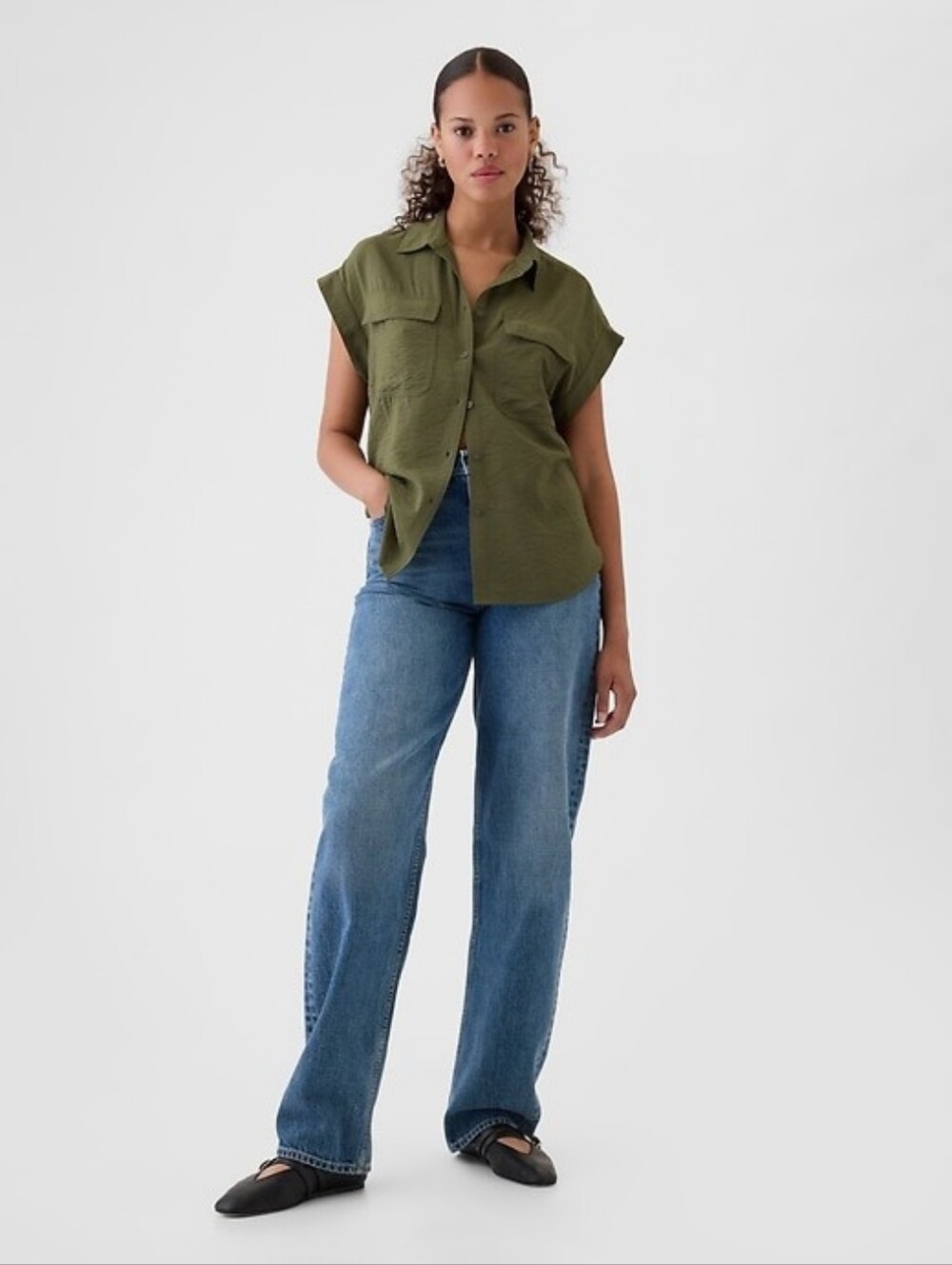 GAP Olive Green Short-Sleeve Utility Shirt - Picture 1 of 5